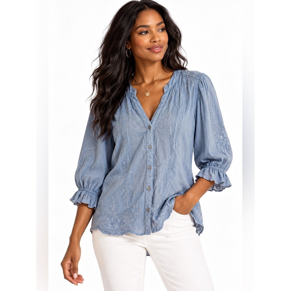 Democracy Dust Blue embroidered Boho Peasant Blouse XS